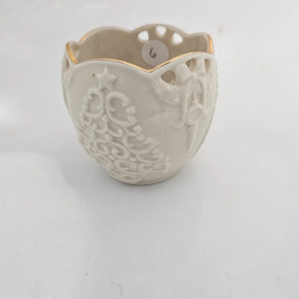 Lenox Merry Lights Votive Candle Holder Ivory China Gold Trim Christmas Tree Bow